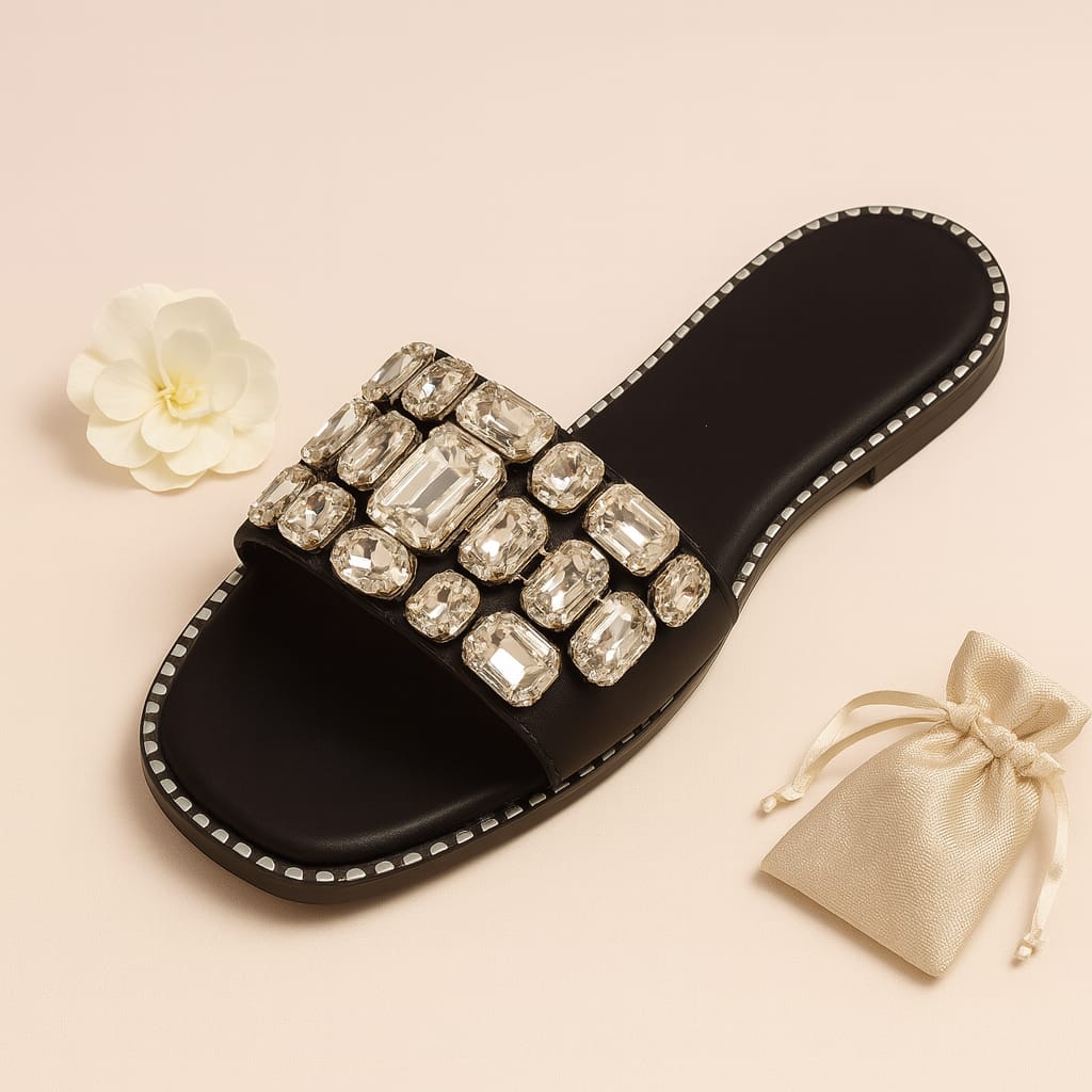 Women's Black Slip-On Flats with Oversized Crystal Embellishments  (LC-744)