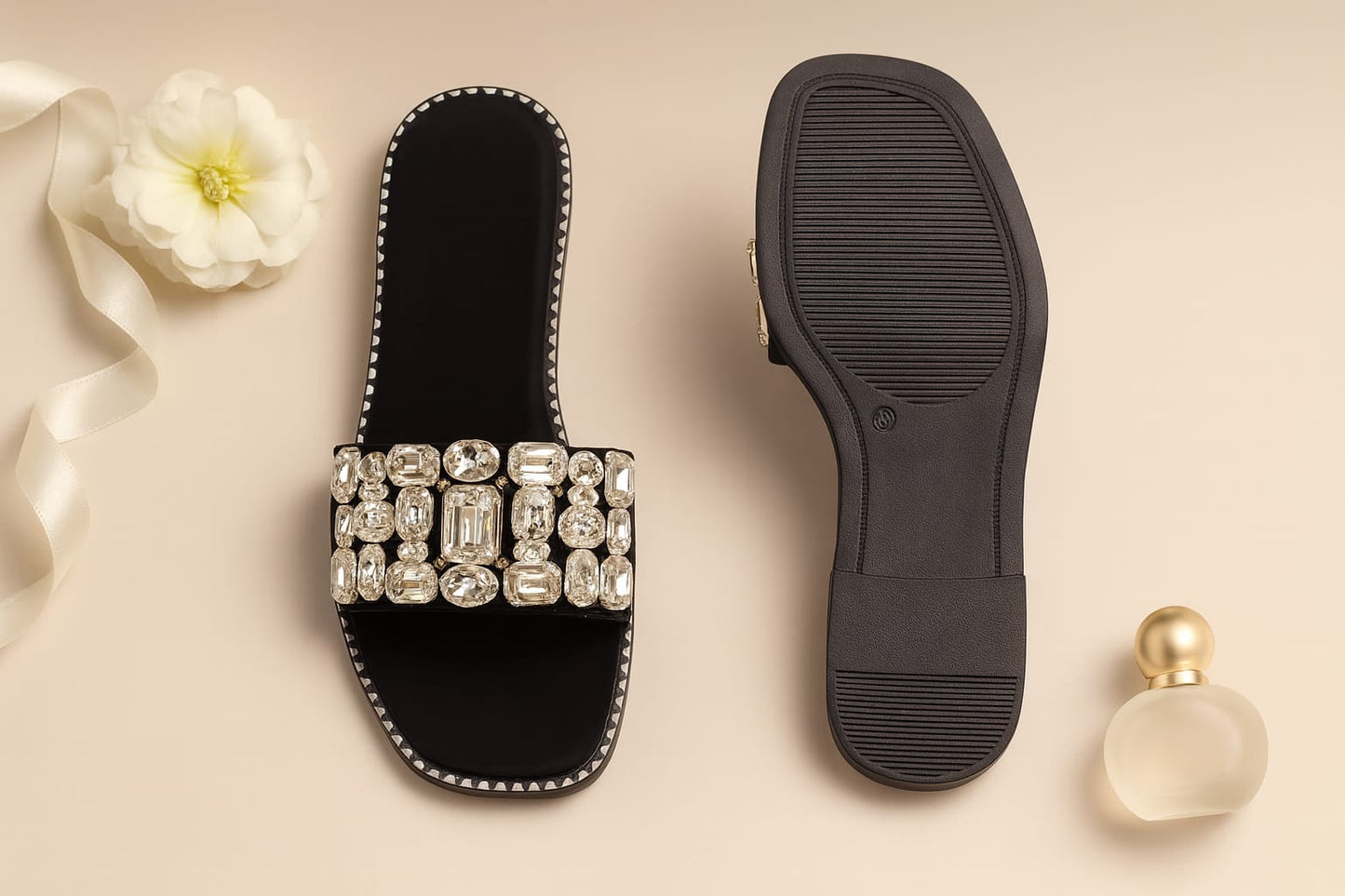 Women's Black Slip-On Flats with Oversized Crystal Embellishments  (LC-744)