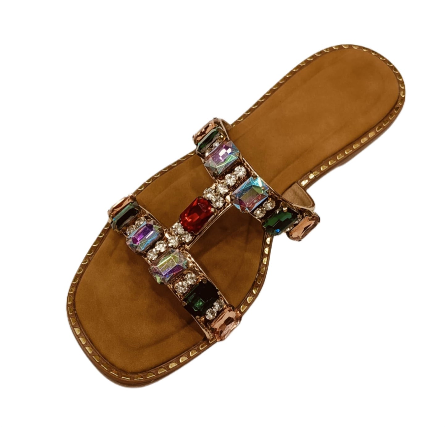 Women’s Tan Flat Sandals with Multicolor Gem Embellishments (LC-743)