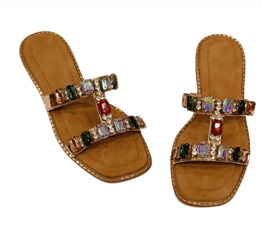 Women’s Tan Flat Sandals with Multicolor Gem Embellishments (LC-743)