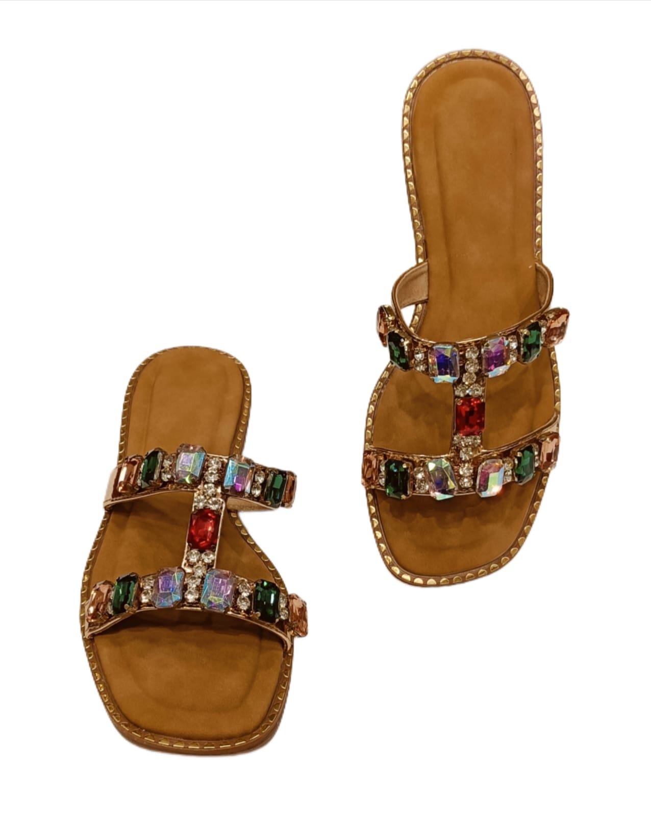 Women’s Tan Flat Sandals with Multicolor Gem Embellishments (LC-743)