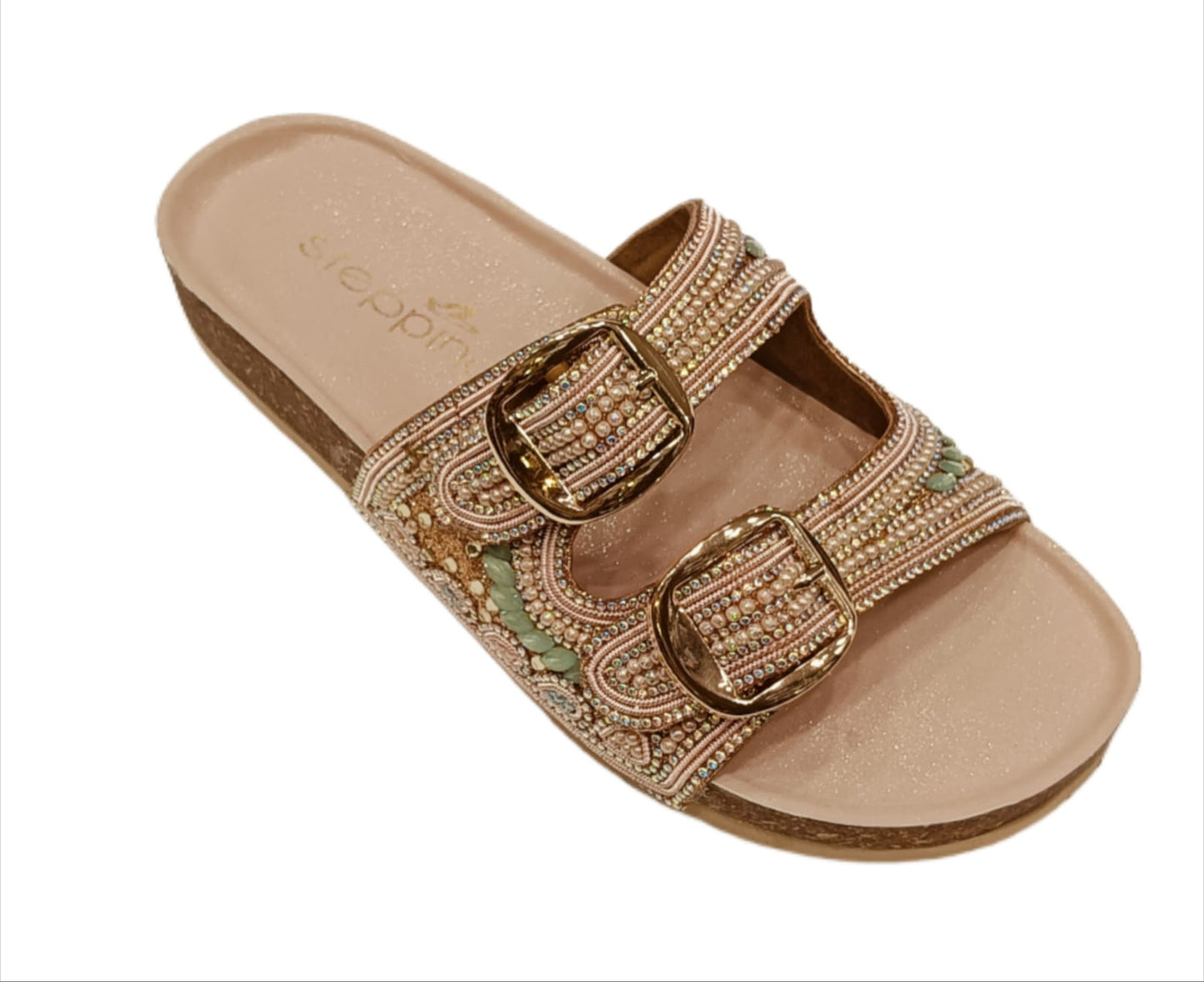 Women’s Beige Double-Buckle Flats with Hand-Beaded Detailing (AD21)
