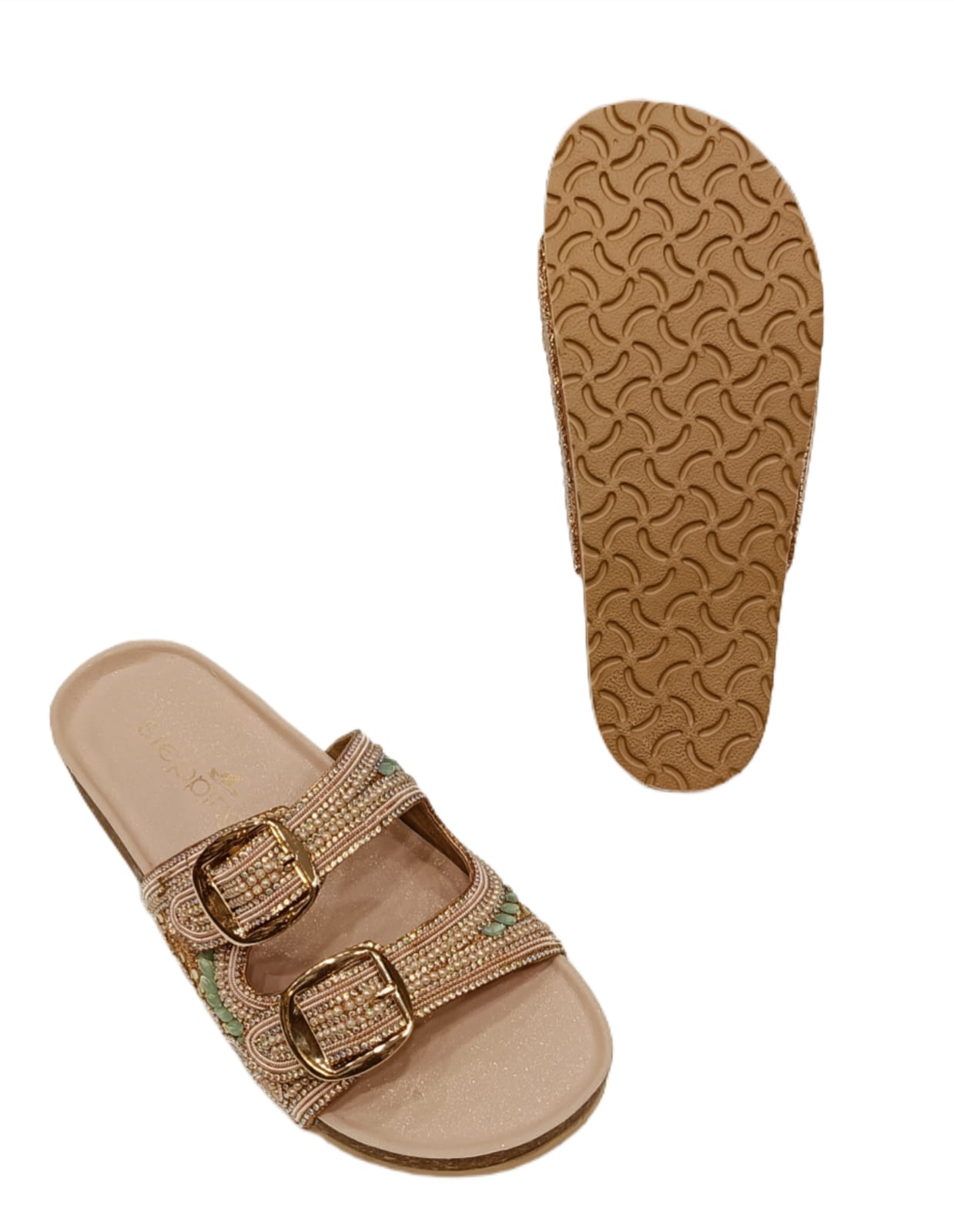 Women’s Beige Double-Buckle Flats with Hand-Beaded Detailing (AD21)