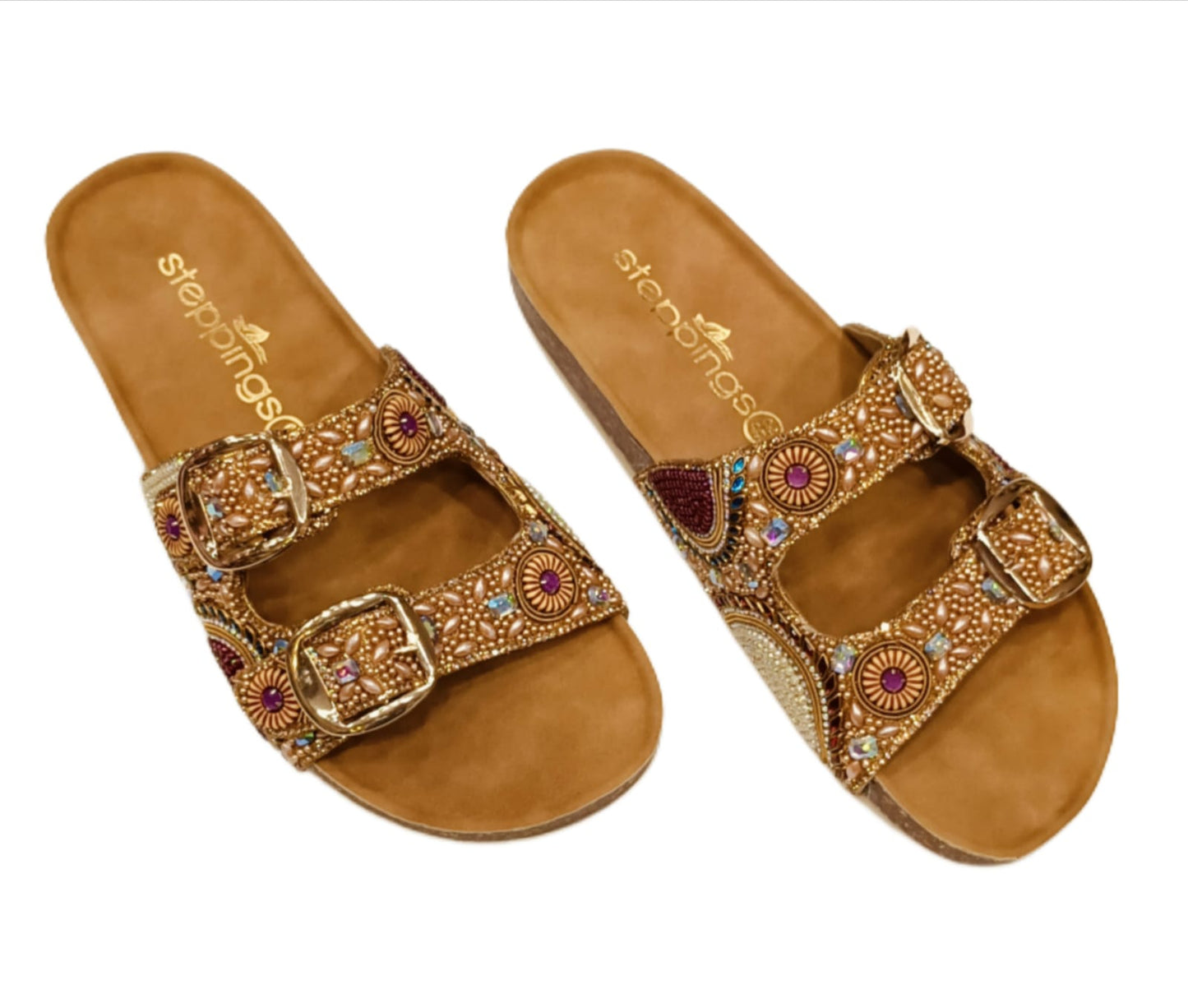 Women’s Tan Double-Buckle Flats with Intricate Bead & Stone Embellishments (A26)
