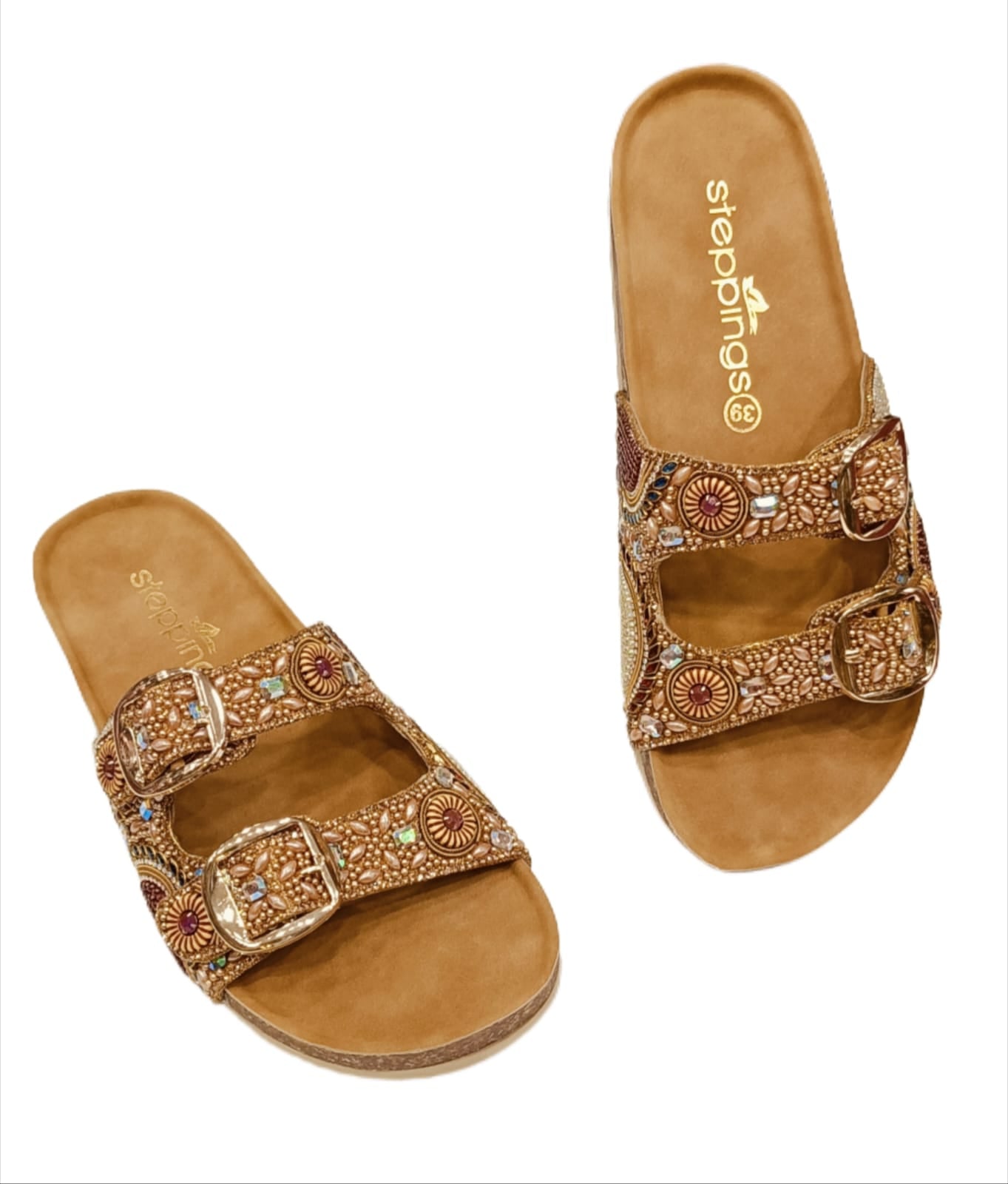 Women’s Tan Double-Buckle Flats with Intricate Bead & Stone Embellishments (A26)