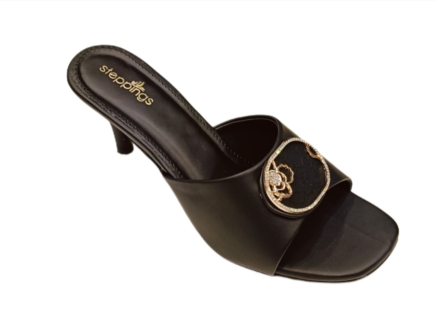 Women’s Elegant Slip-On Heels with Floral Gold-Tone Embellishment (V907)