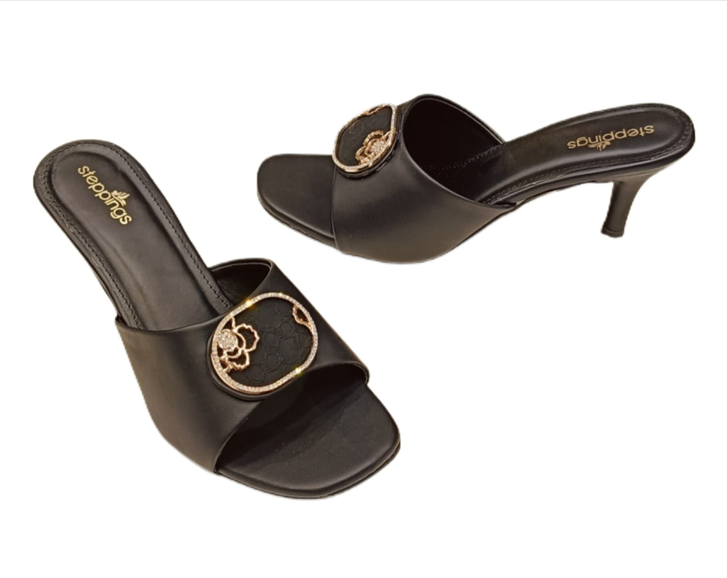 Women’s Elegant Slip-On Heels with Floral Gold-Tone Embellishment (V907)