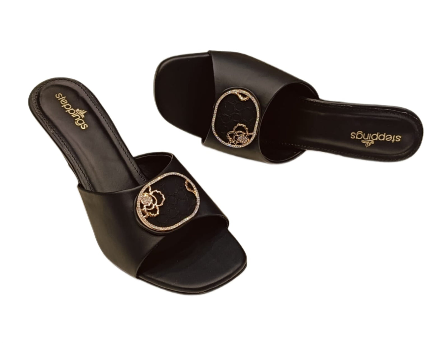 Women’s Elegant Slip-On Heels with Floral Gold-Tone Embellishment (V907)