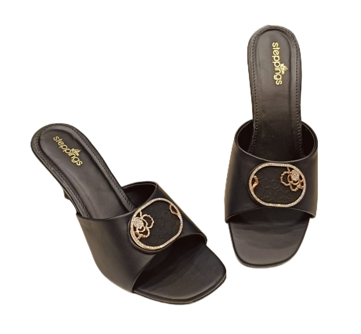 Women’s Elegant Slip-On Heels with Floral Gold-Tone Embellishment (V907)