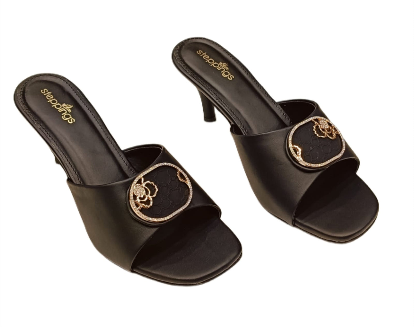 Women’s Elegant Slip-On Heels with Floral Gold-Tone Embellishment (V907)