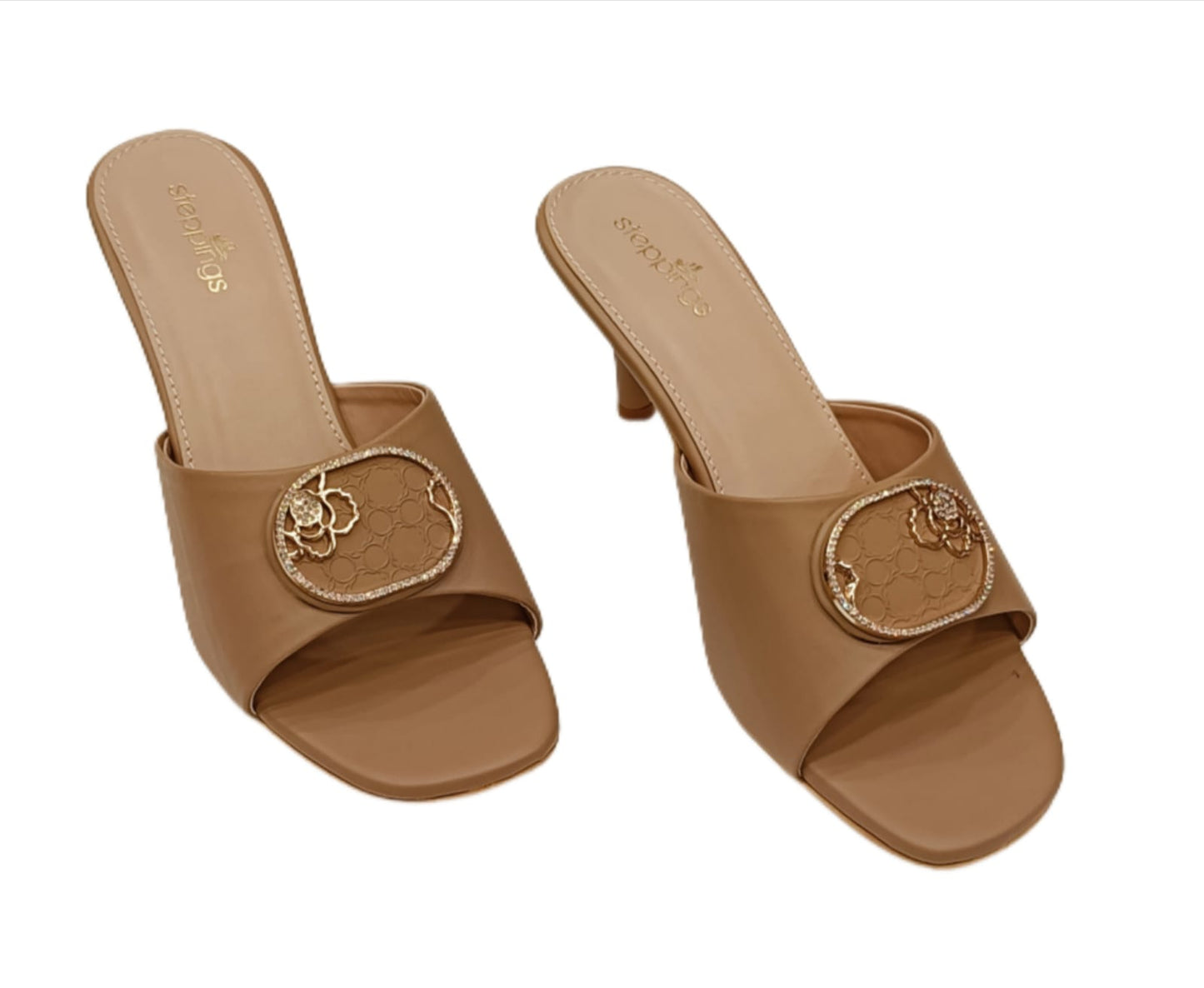 Women’s Elegant Slip-On Heels with Floral Gold-Tone Embellishment (V907)