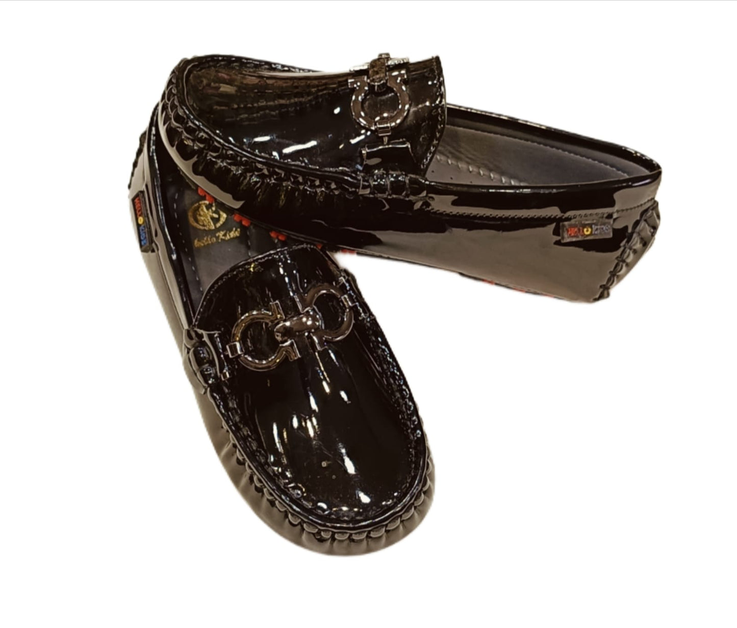 Kids’ Glossy Black Patent Loafers with Metal Buckle & Anti-Slip Sole (KL-019)