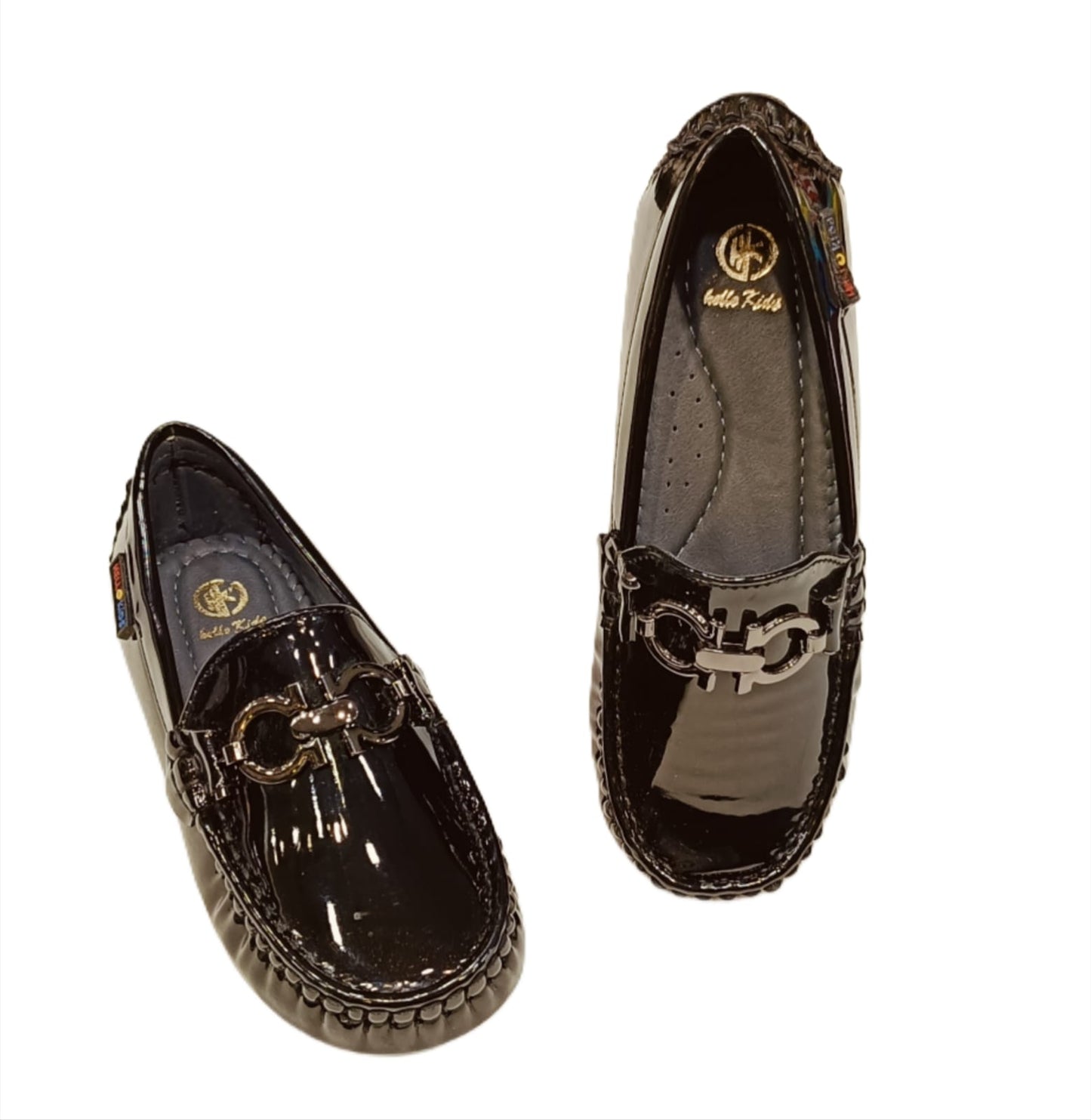 Kids’ Glossy Black Patent Loafers with Metal Buckle & Anti-Slip Sole (KL-019)