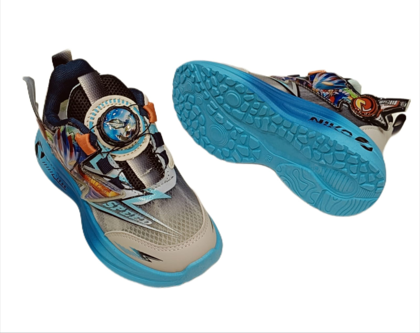 Kids’ Cartoon-Themed Sports Sneakers – Grey & Blue Mesh Casual Shoes with Dial Closure (SS-A806)