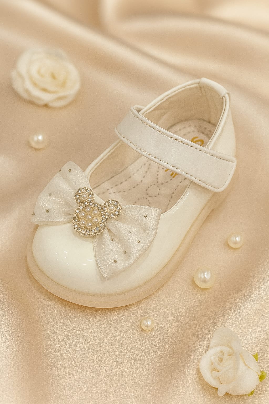 Baby Girls’ Pearl Embellished Bow Ballerina Shoes – Glossy Finish (KB-035)