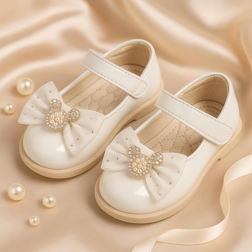 Baby Girls’ Pearl Embellished Bow Ballerina Shoes – Glossy Finish (KB-035)