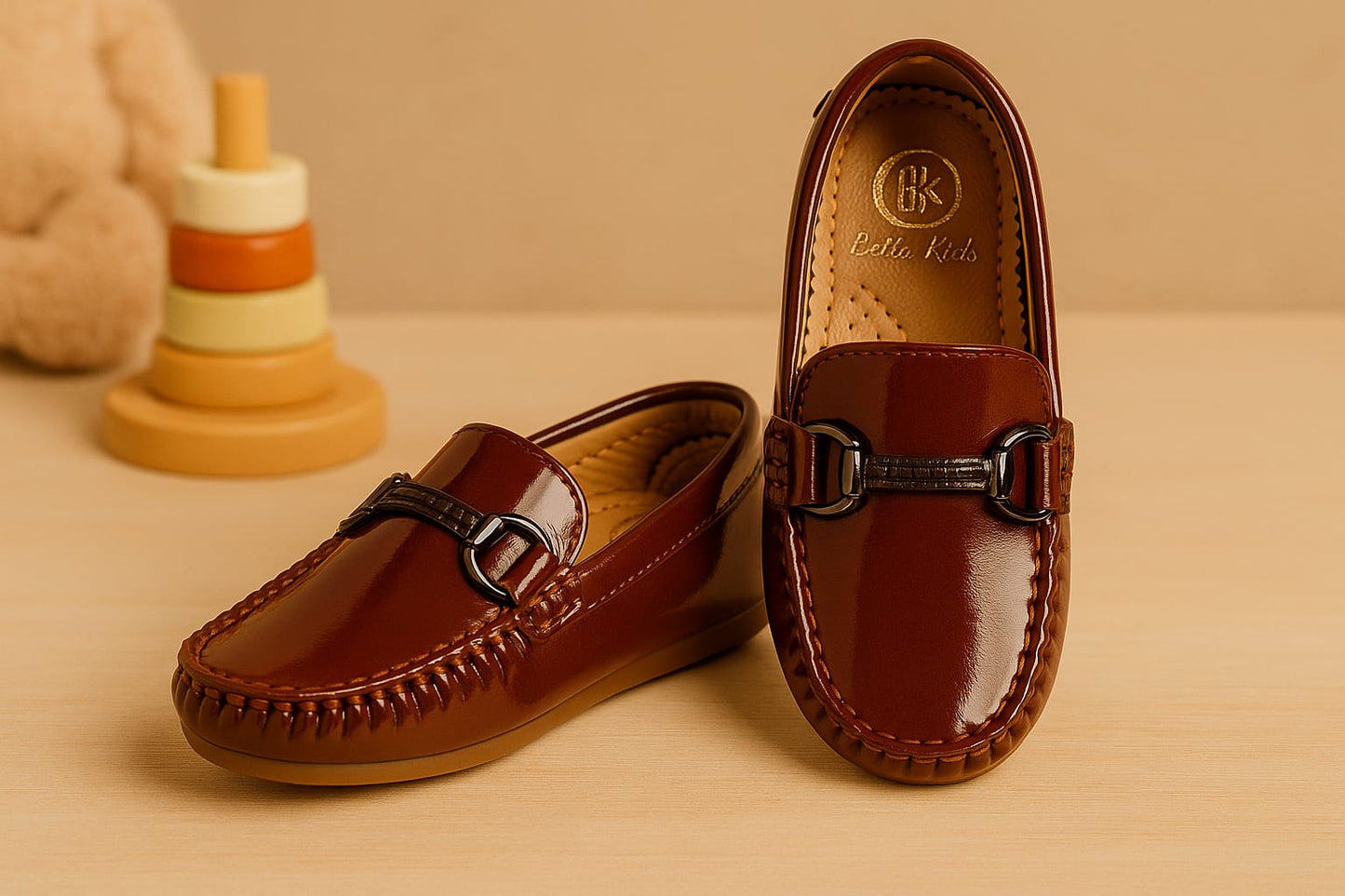 Kids’ Brown Patent Leather Loafers with Metal Horsebit Detail & Anti-Slip Sole(KL-016)