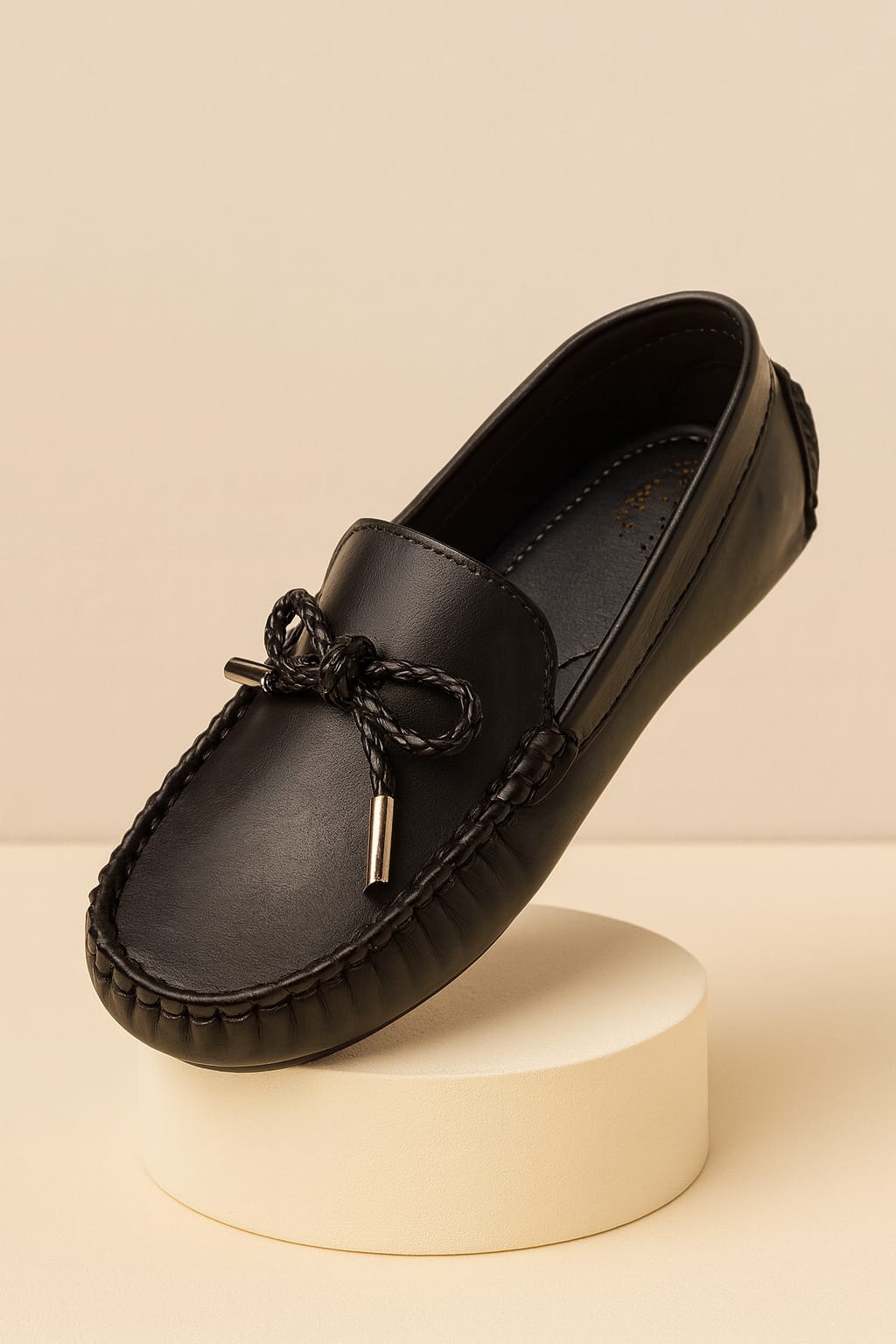 Kids’ Black Faux Leather Loafers with Bow Tie Detail & Anti-Slip Sole (KL-015)