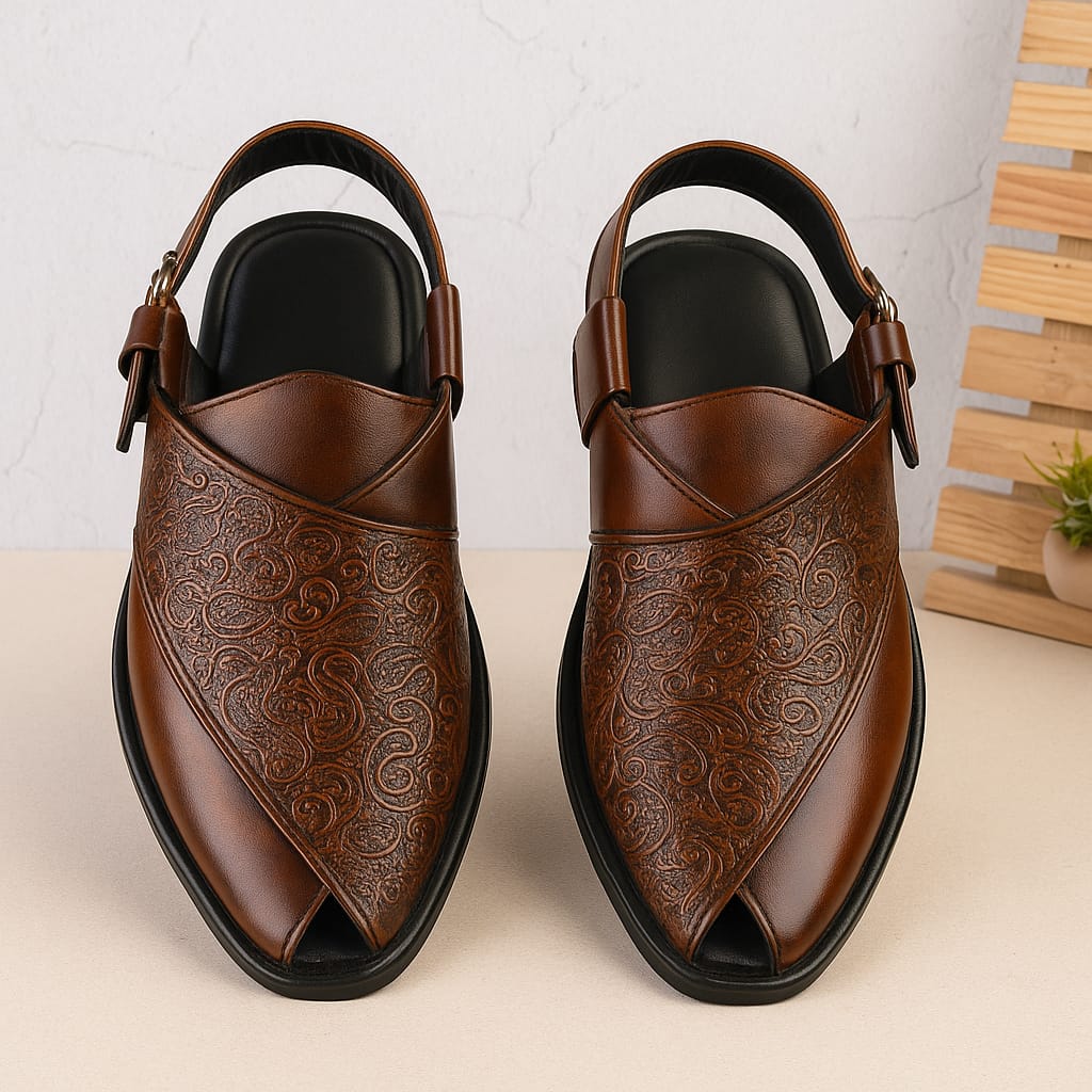 Men’s Traditional Peshawari Chappal – Premium Embossed Leather Sandals (BM-758)