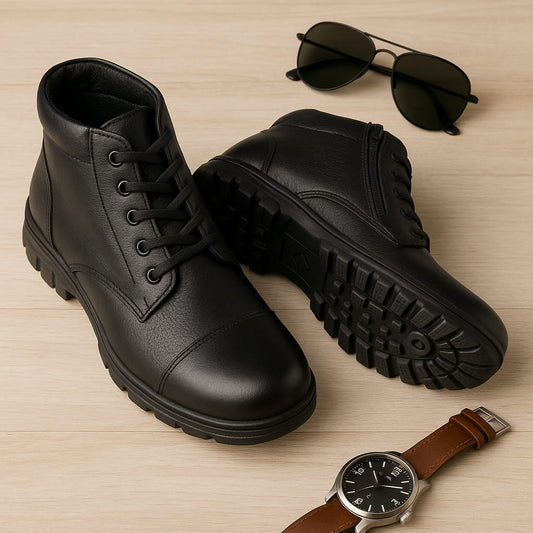 Men’s Black Genuine Leather Ankle Boots with Side Zip & Lace-Up Design (CTSF)