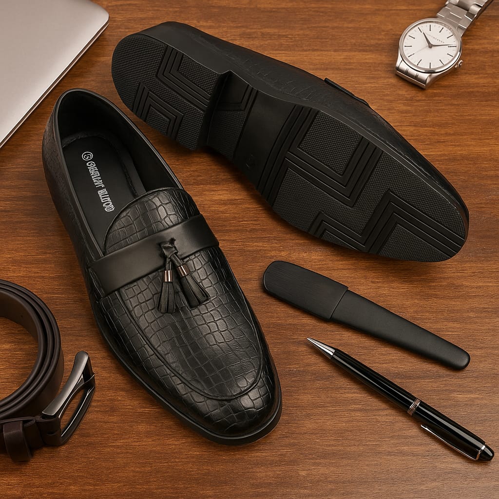 Men’s Premium Leather Tassel Loafers with Croc-Embossed Design (VL-67)