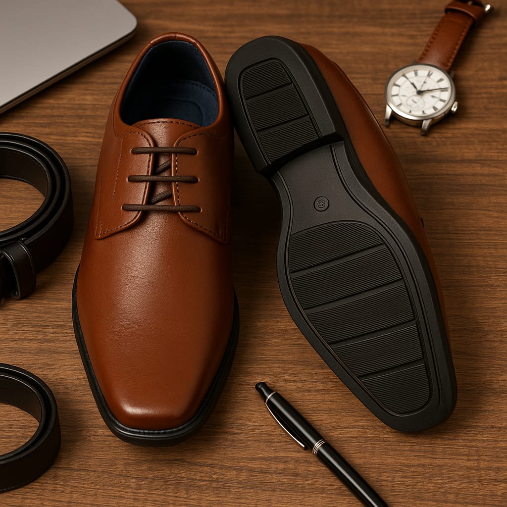 Men’s Classic Brown Leather Formal Derby Shoes – Square Toe Design (CH-32A)