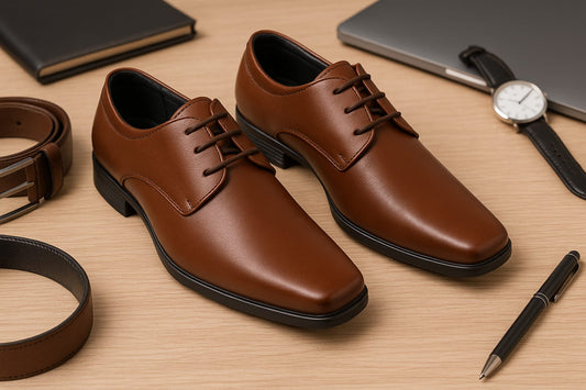 Men’s Classic Brown Leather Formal Derby Shoes – Square Toe Design (CH-32A)