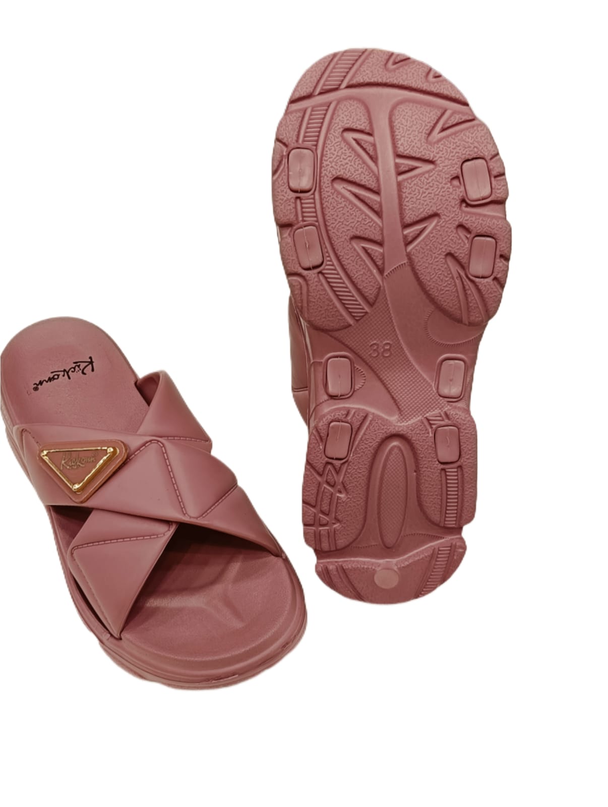 Women’s Cross-Strap Padded Sliders with Gold Emblem – Casual Comfort Sandals (KKN-002)