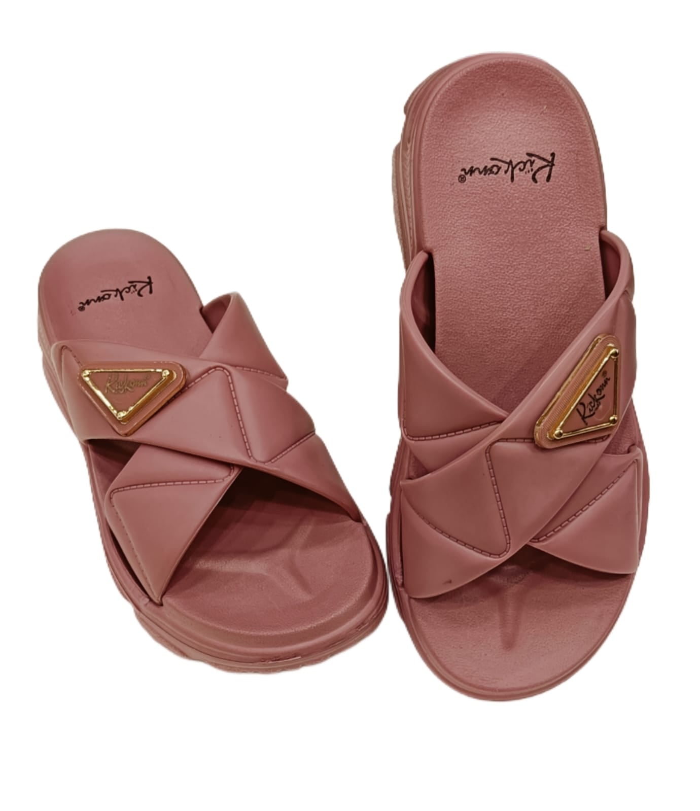 Women’s Cross-Strap Padded Sliders with Gold Emblem – Casual Comfort Sandals (KKN-002)