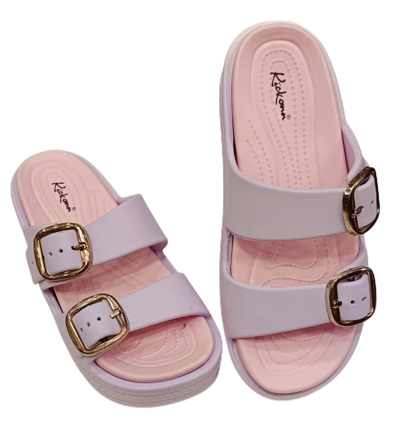Women’s Double Buckle Strap Platform Sliders – Stylish Casual Comfort Sandals (KKN-003)