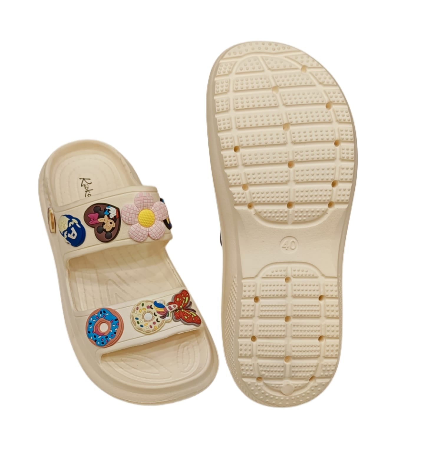 Women s’ Double Strap Sliders with Colorful Charms – Trendy Casual Sandals (KKN-004)