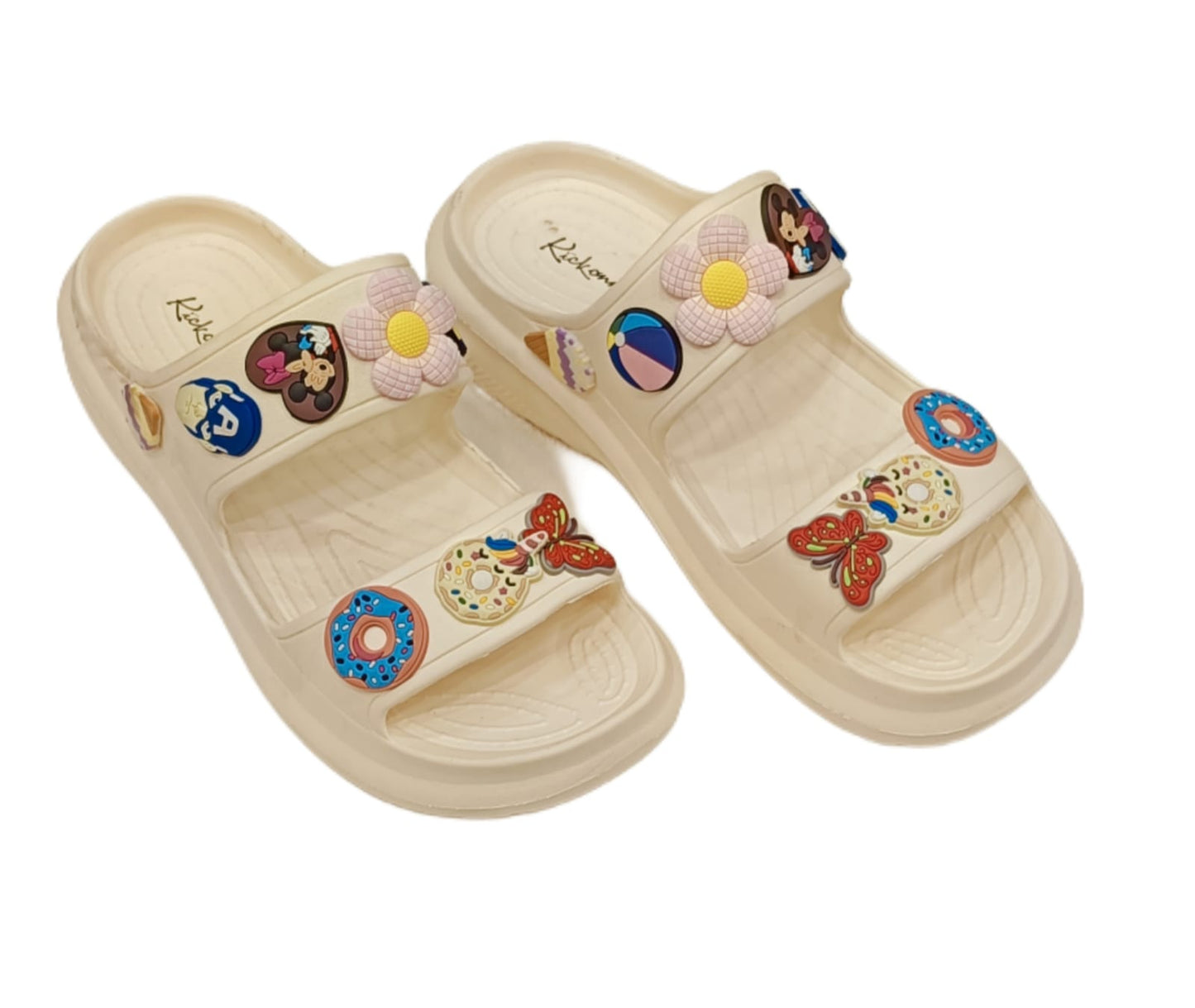 Women s’ Double Strap Sliders with Colorful Charms – Trendy Casual Sandals (KKN-004)