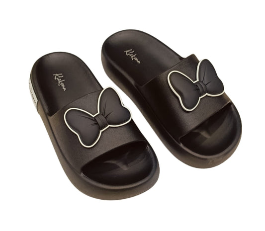 Womens’ Black Bow Slip-On Sliders – Stylish & Comfortable Casual Sandals (KKN-005)