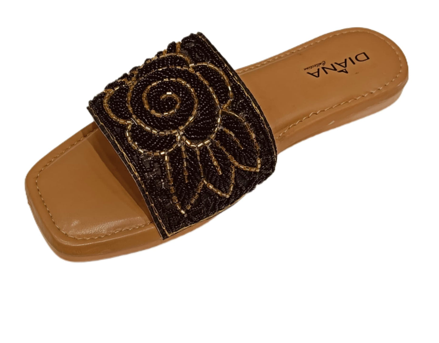Embellished Black & Gold Floral Beaded Slide Sandals for Women (LC-157)