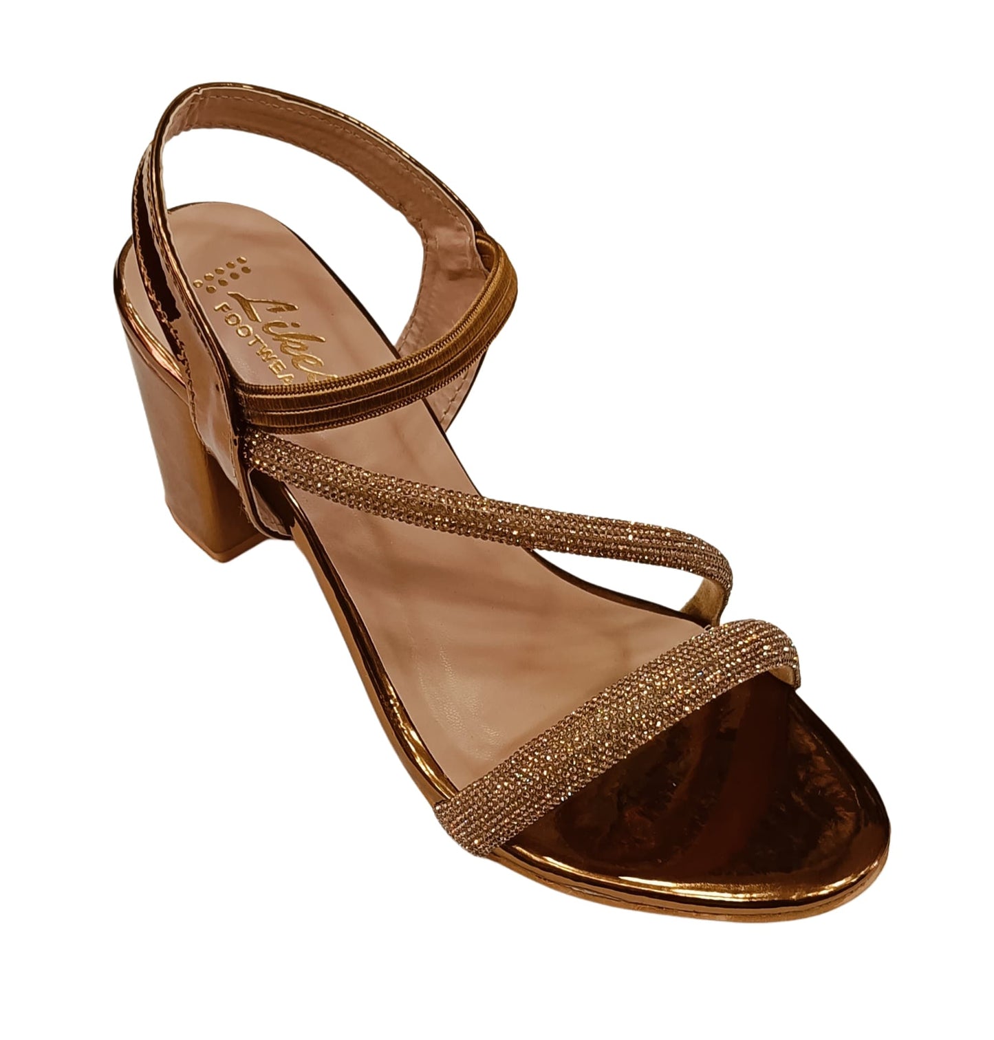 Golden Shimmer Strappy Block Heel Sandals for Women (LS-076)