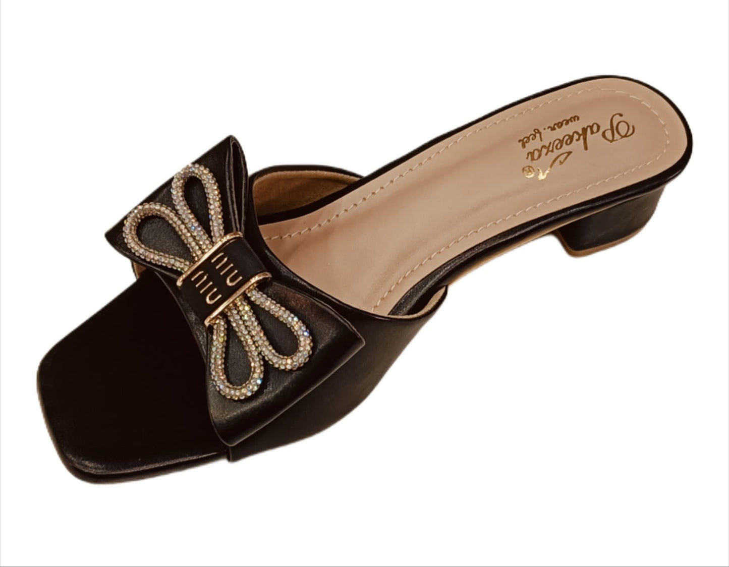 Bow Embellished Low Block Heel Mules – Dusty Pink & Black (Pakeeza LC-186)