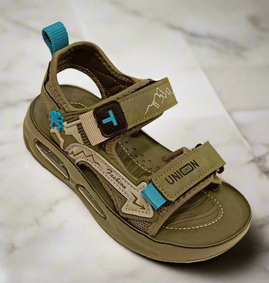 olive sandal with blue accents on a white background