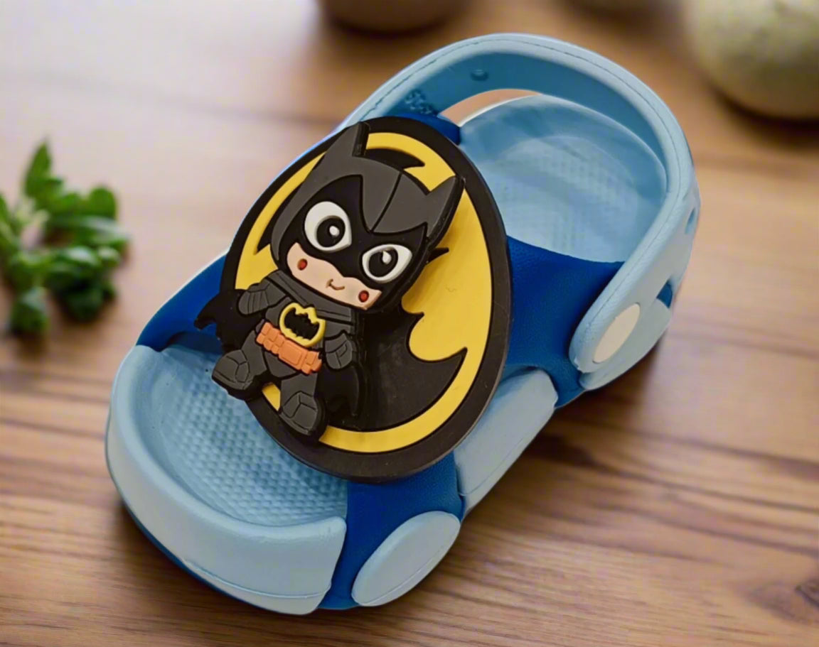 Blue sandal with a Batman-themed character on a white background