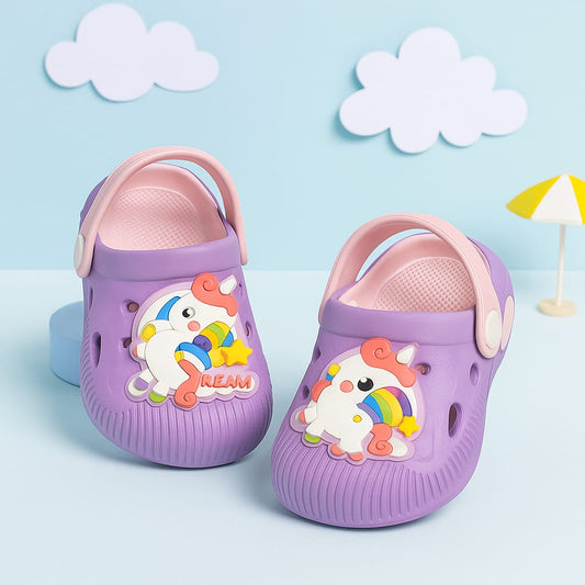 Kids Unicorn Clogs – Colorful 3D Rainbow Design | Available in Pink & Purple | Soft, Lightweight & Fun (LC-UNICORN)