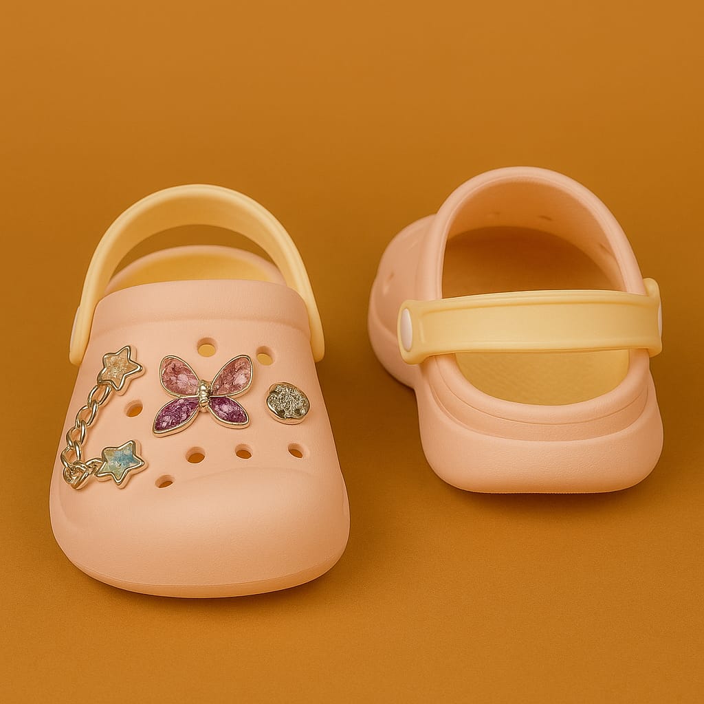 Girls Stylish Butterfly Charm Clogs β Light Pink with Chain & Star Decorations (KC-SIL BUTTERFLY)