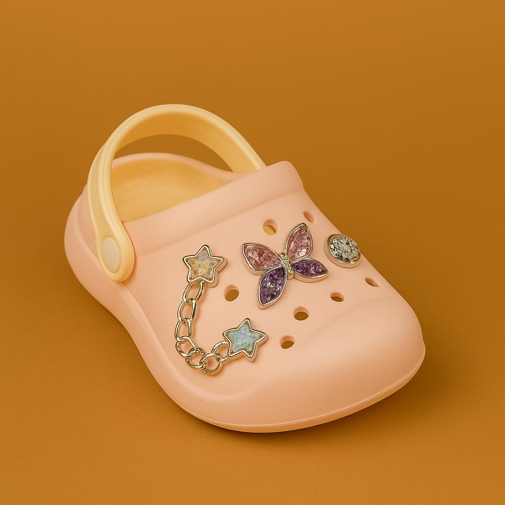Girls Stylish Butterfly Charm Clogs β Light Pink with Chain & Star Decorations (KC-SIL BUTTERFLY)