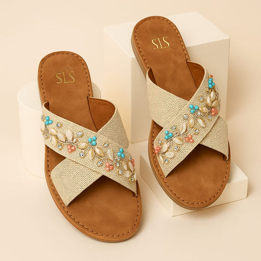 Women’s Embellished Ethnic Flats – Cross Strap Sliders with Shell & Stone Work (D20012)