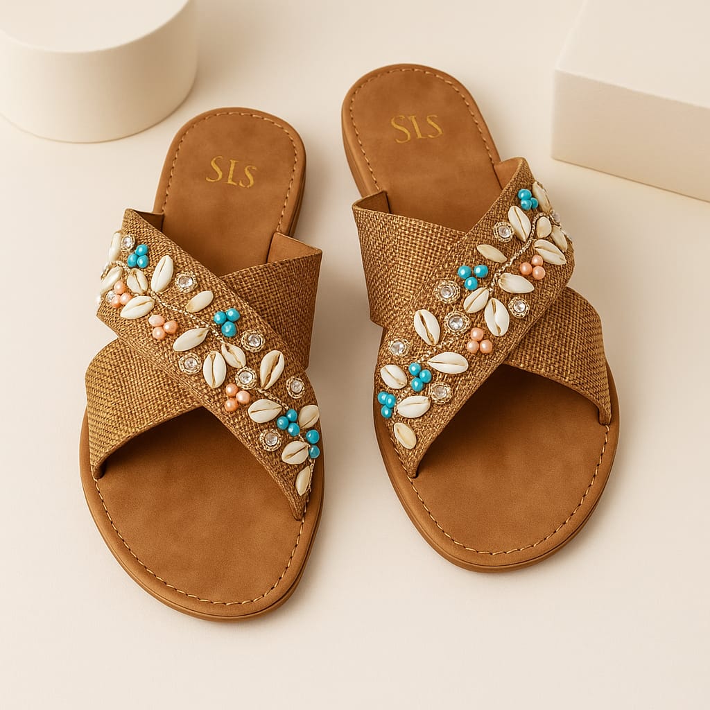 Women’s Embellished Ethnic Flats – Cross Strap Sliders with Shell & Stone Work (D20012)