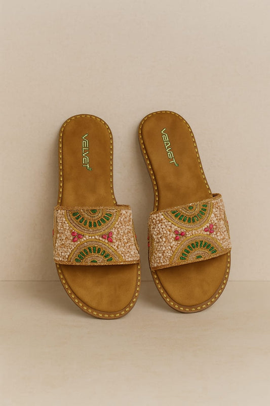 Velvet Women’s Traditional Ethnic Embroidered Flat Slides – Multicolor Beaded Design (VT01)