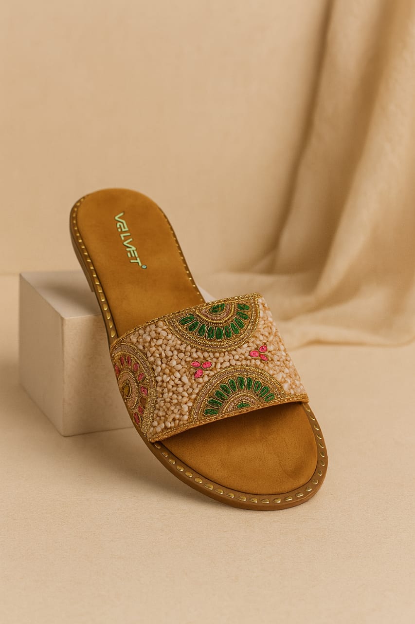 Velvet Women’s Traditional Ethnic Embroidered Flat Slides – Multicolor Beaded Design (VT01)