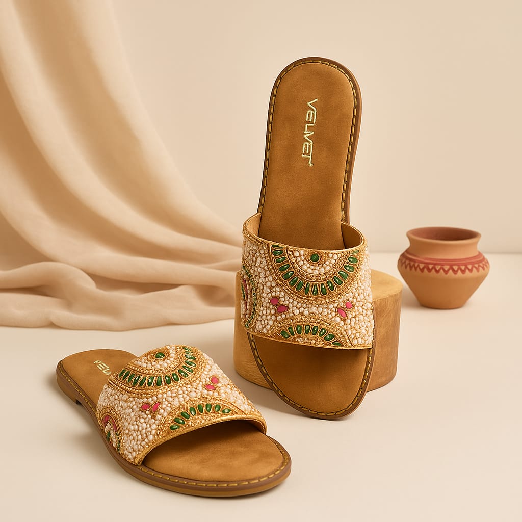 Velvet Women’s Traditional Ethnic Embroidered Flat Slides – Multicolor Beaded Design (VT01)