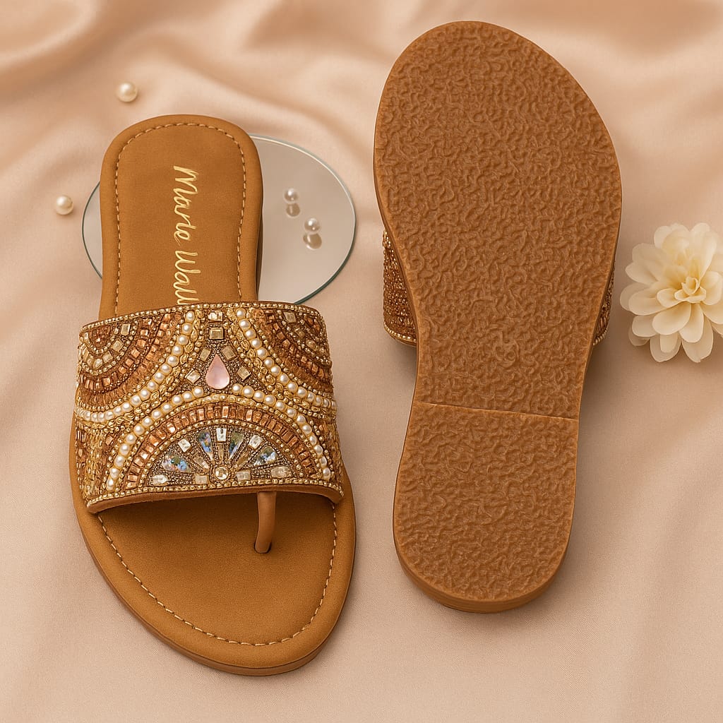 Marie Walk Women's Ethnic Embellished Toe-Ring Flats โ Pearl & Crystal Designer Slip-Ons (CRAP-15)