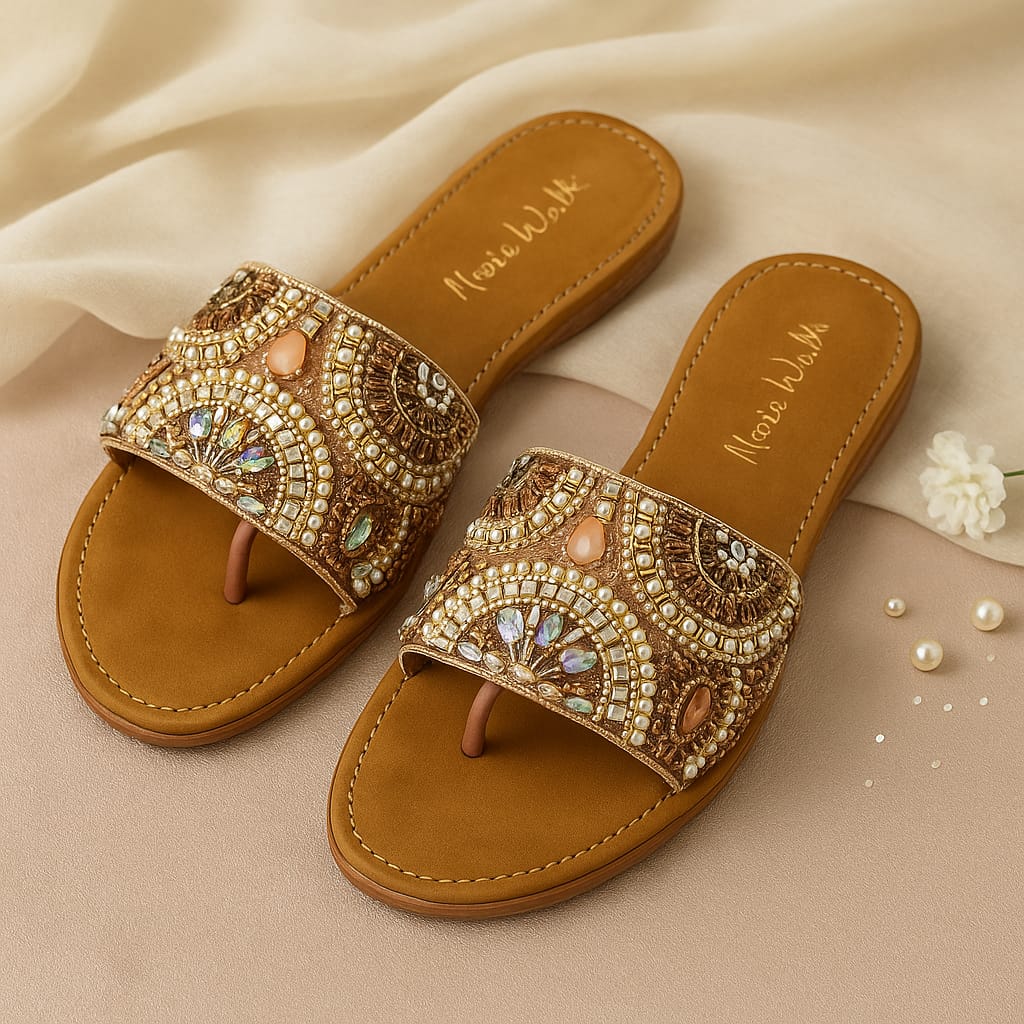 Marie Walk Women's Ethnic Embellished Toe-Ring Flats โ Pearl & Crystal Designer Slip-Ons (CRAP-15)