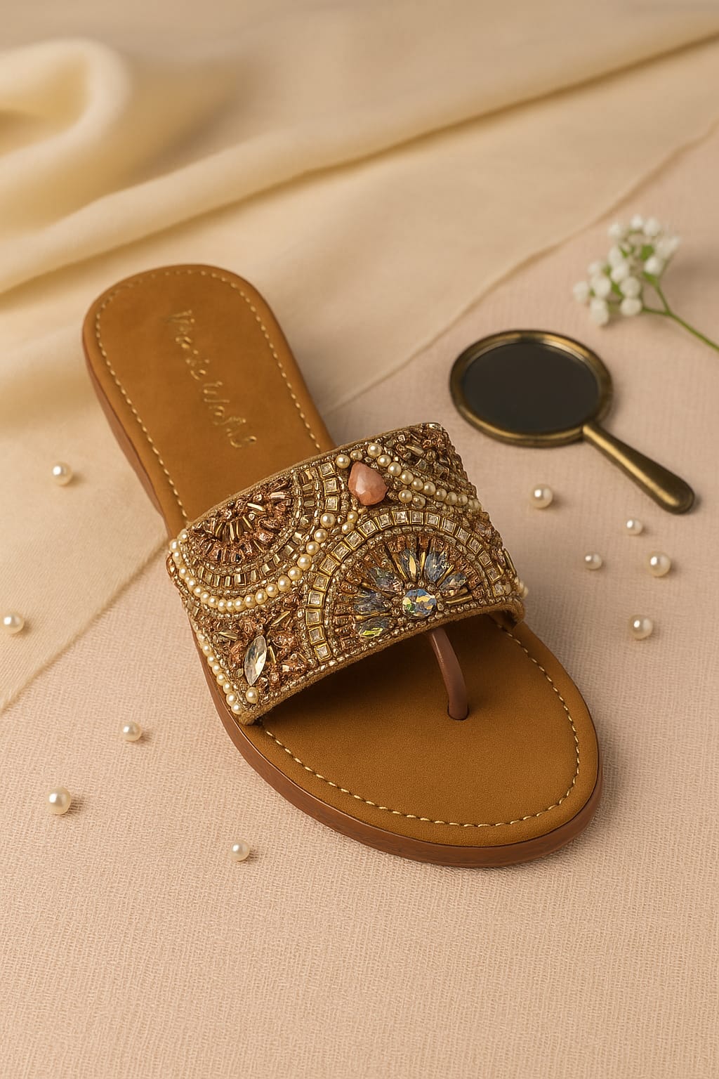 Marie Walk Women's Ethnic Embellished Toe-Ring Flats โ Pearl & Crystal Designer Slip-Ons (CRAP-15)