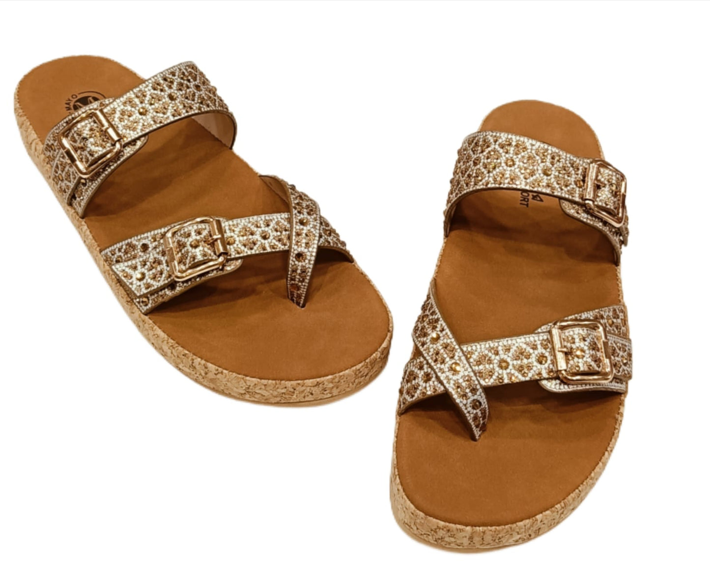 Women’s Dual-Buckle Embellished Comfort Sandals with Cork Sole (LC-33047)
